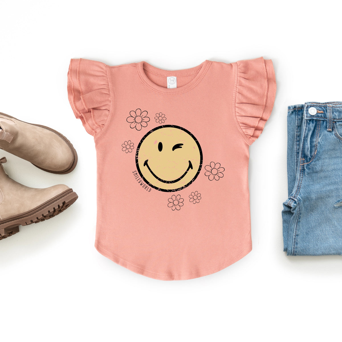 SmileyWorld Flower Outline - Flutter Sleeve Graphic T-Shirt