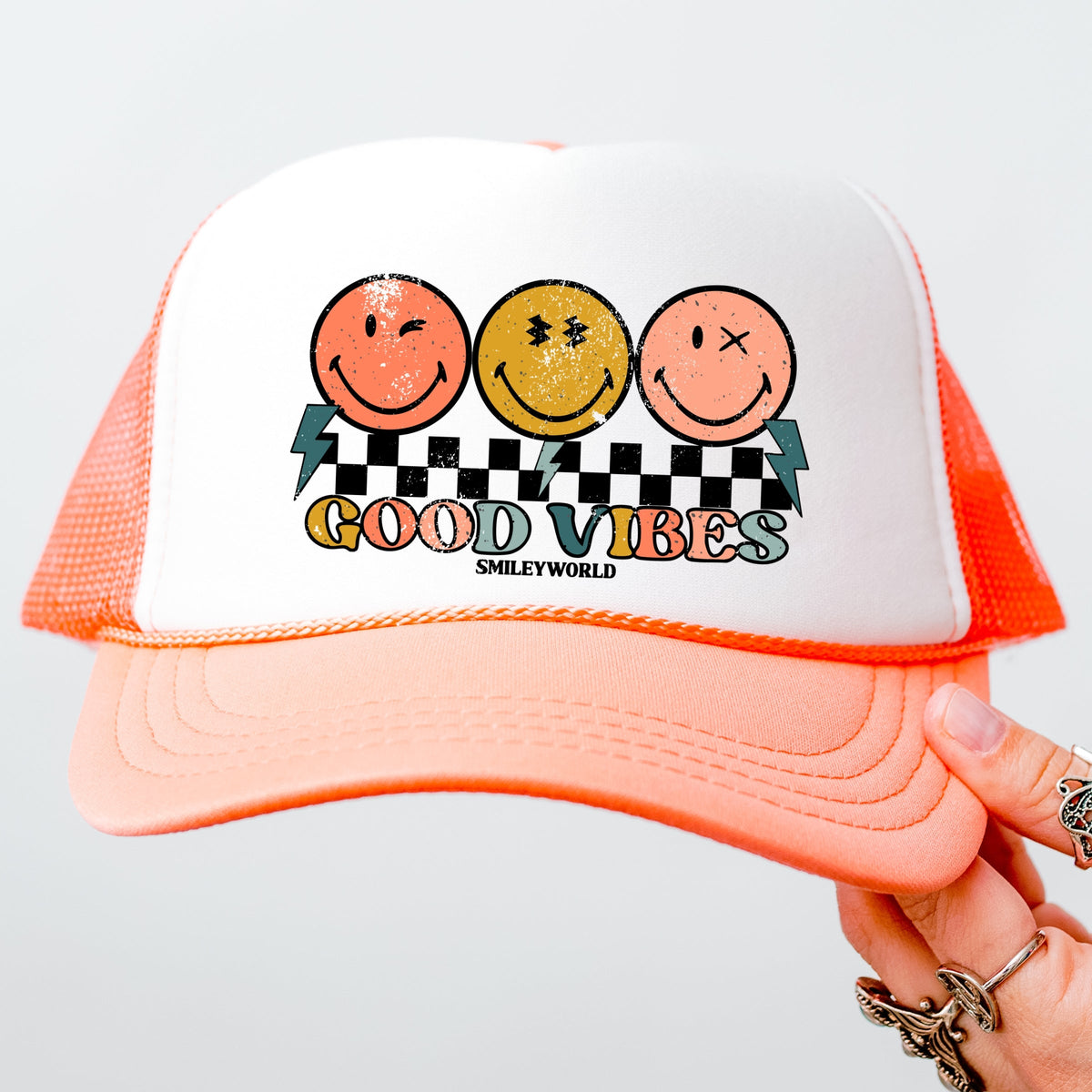 SmileyWorld Checkered Good Vibes Smiley Face - Youth Graphic Foam Trucker Hat