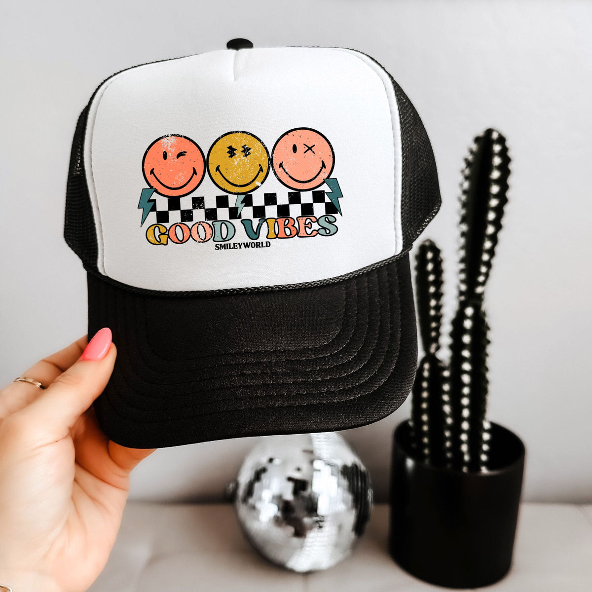 SmileyWorld Checkered Good Vibes Smiley Face - Youth Graphic Foam Trucker Hat