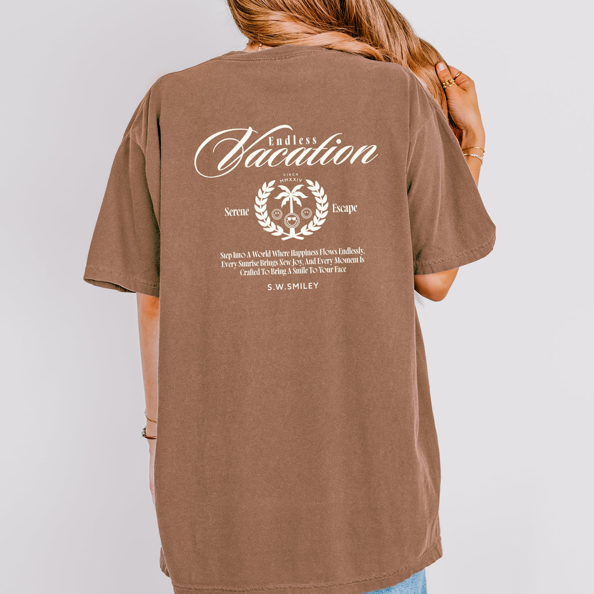 S.W.Smiley Endless Vacation Front And Back - Women's Garment Dyed Graphic T-Shirt