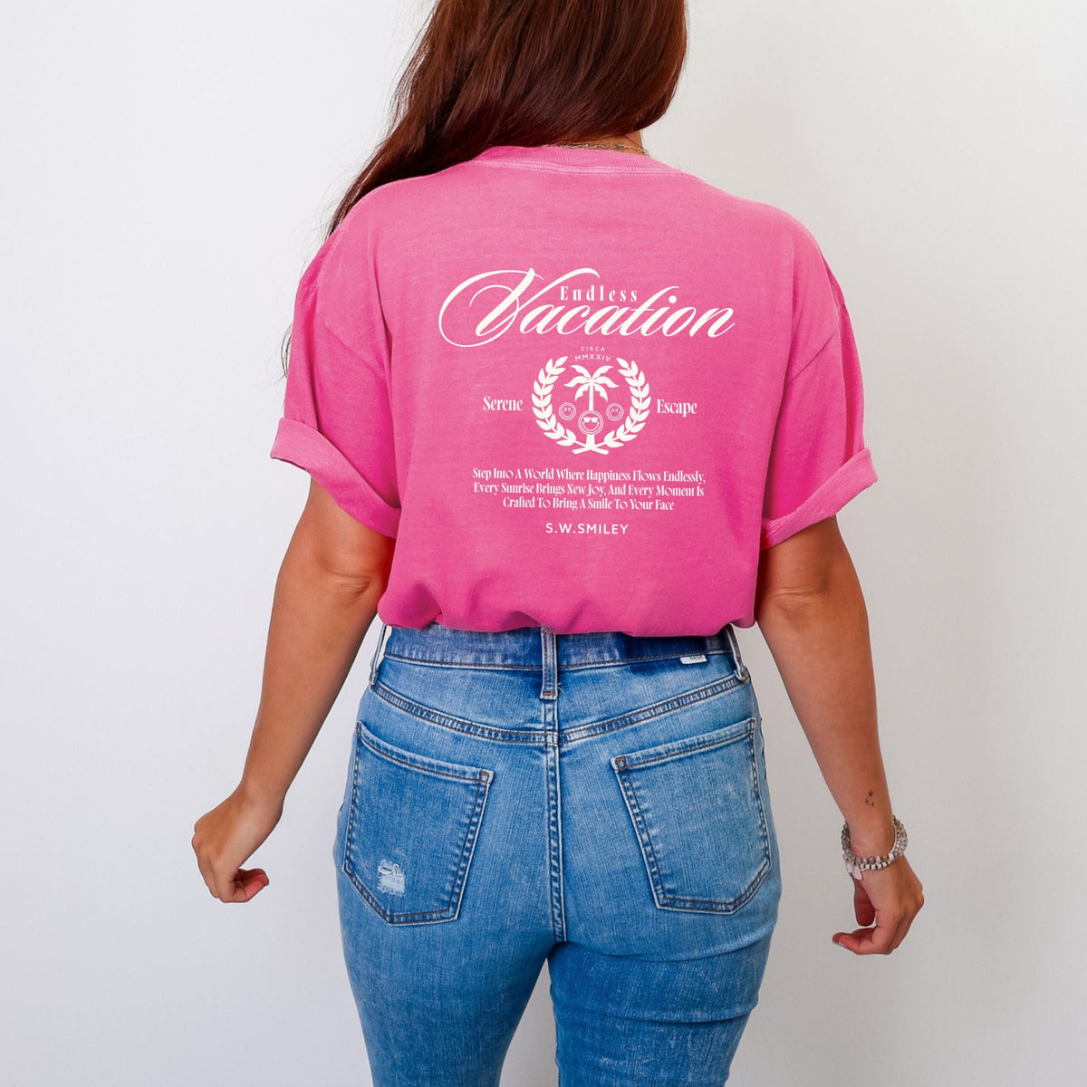 S.W.Smiley Endless Vacation Front And Back - Women's Garment Dyed Graphic T-Shirt