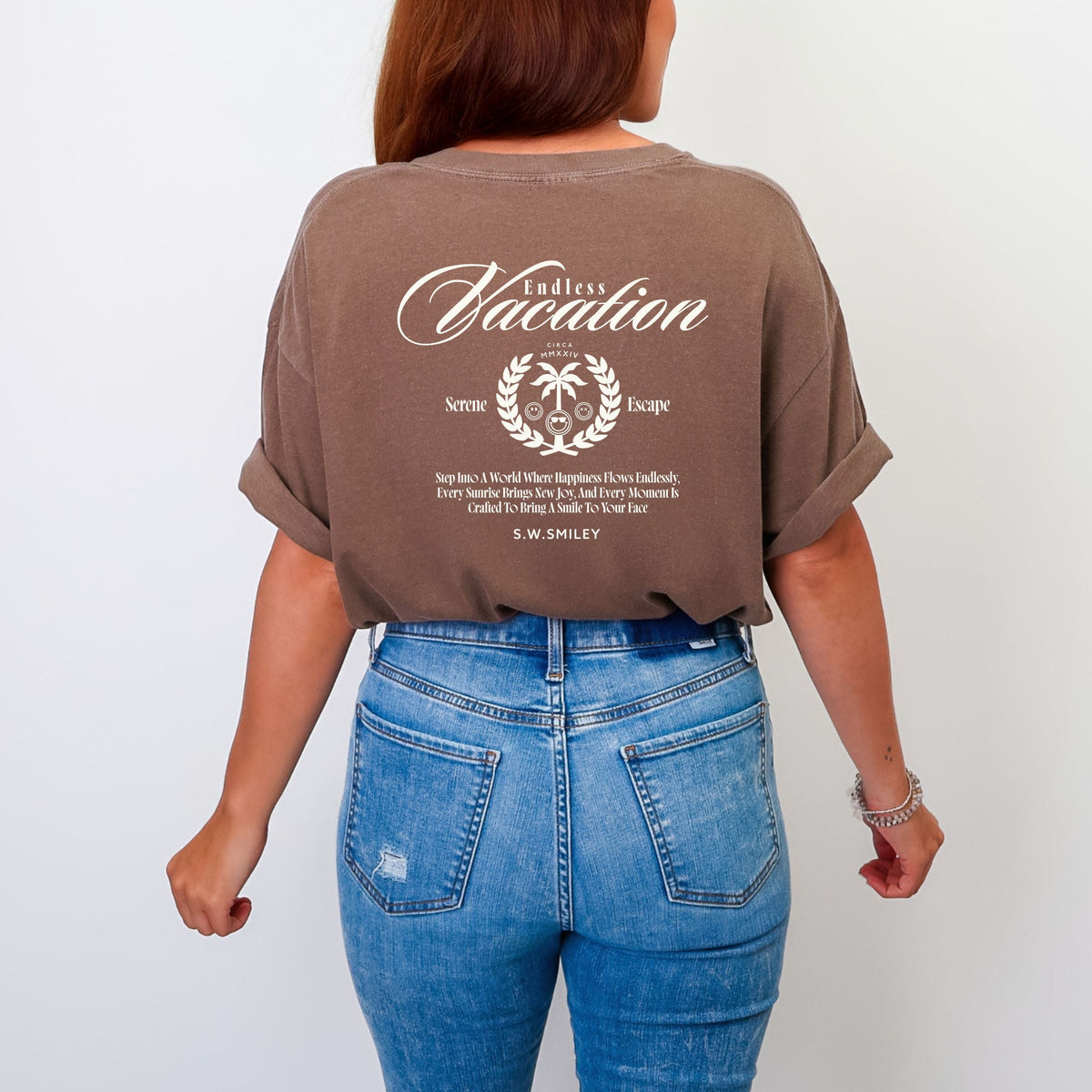 S.W.Smiley Endless Vacation Front And Back - Women's Garment Dyed Graphic T-Shirt