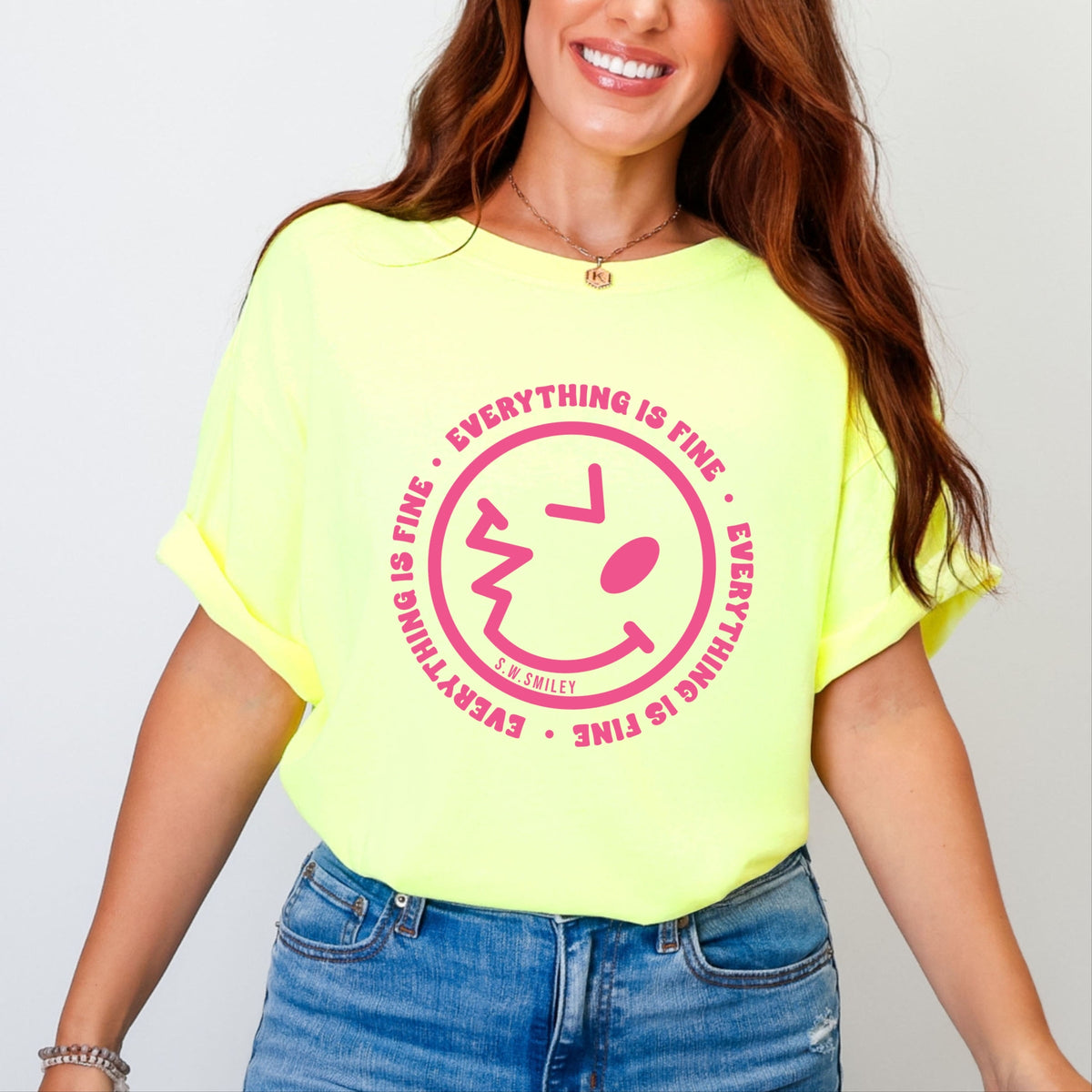 S.W.Smiley Everything Is Fine - Women's Garment Dyed Graphic T-Shirt