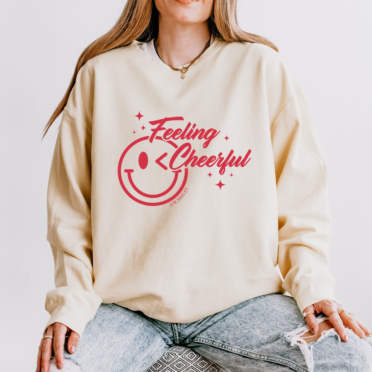 S.W.Smiley Feeling Cheerful Sparkle - Women's Lightweight Garment Dyed Sweatshirt