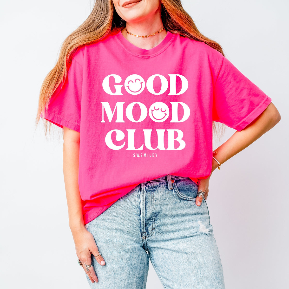 S.W.Smiley Good Mood Club - Women's Garment Dyed Graphic T-Shirt