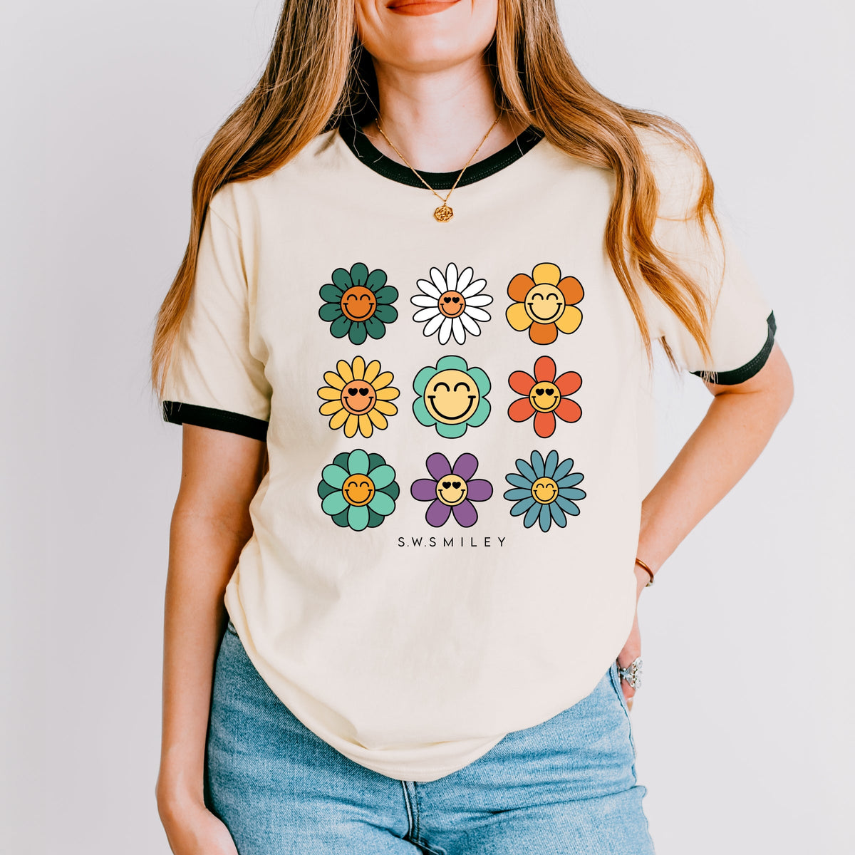 S.W.Smiley Flowers Stacked - Women's Ringer Graphic T-Shirt