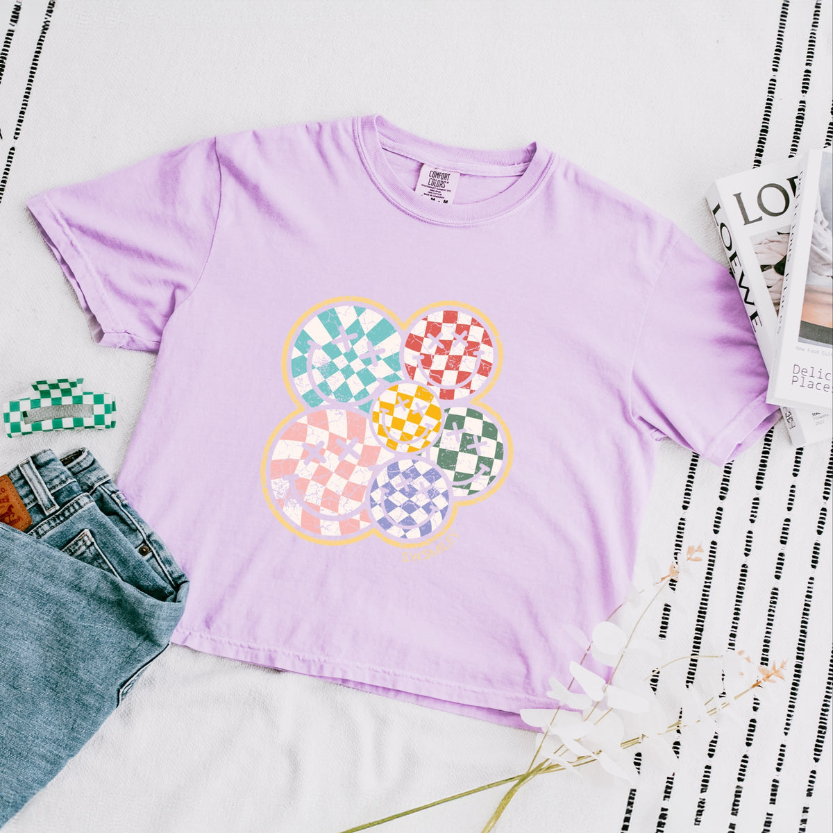 S.W.Smiley Rainbow Checkered - Women's Boxy Crop Top