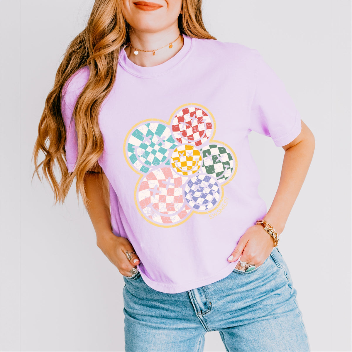 S.W.Smiley Rainbow Checkered - Women's Boxy Crop Top