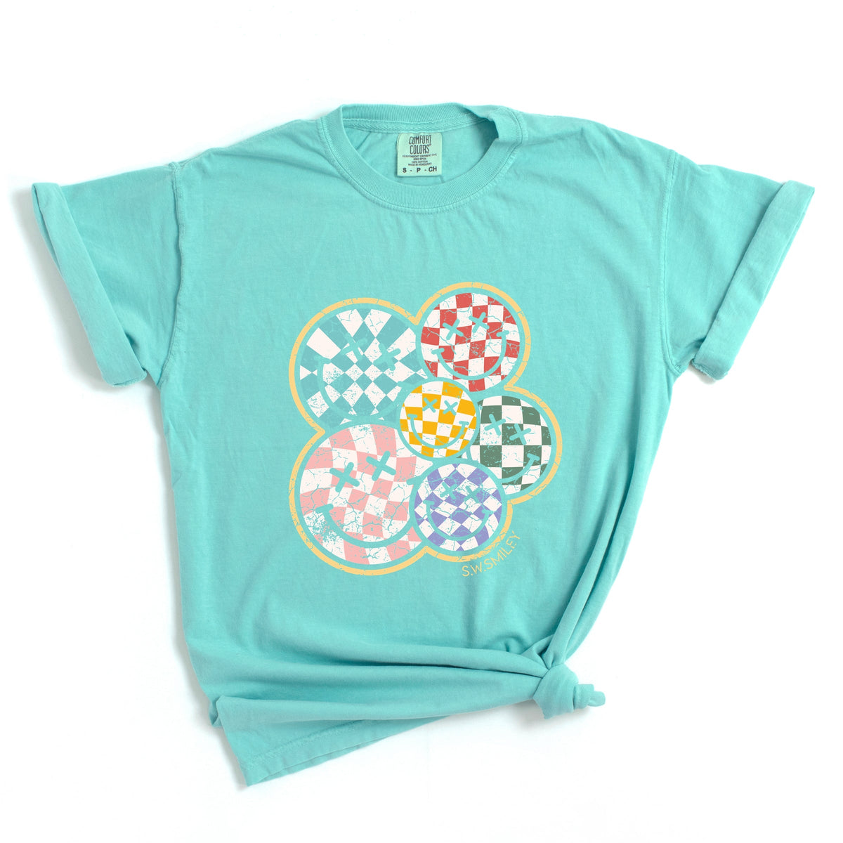 S.W.Smiley Rainbow Checkered - Women's Garment Dyed Tee