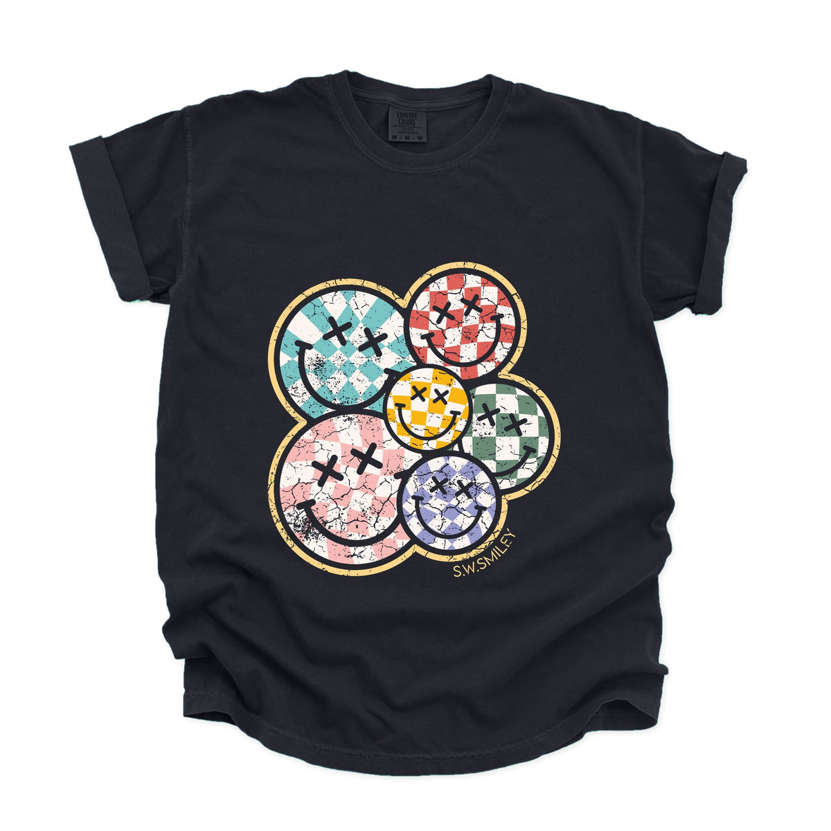 S.W.Smiley Rainbow Checkered - Women's Garment Dyed Tee