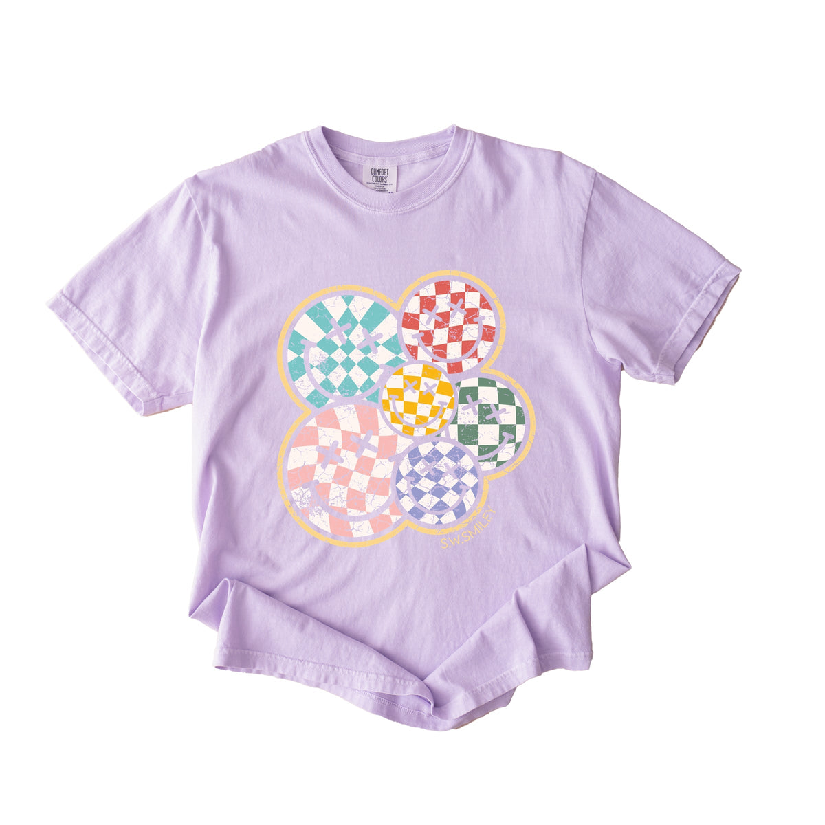 S.W.Smiley Rainbow Checkered - Women's Garment Dyed Tee