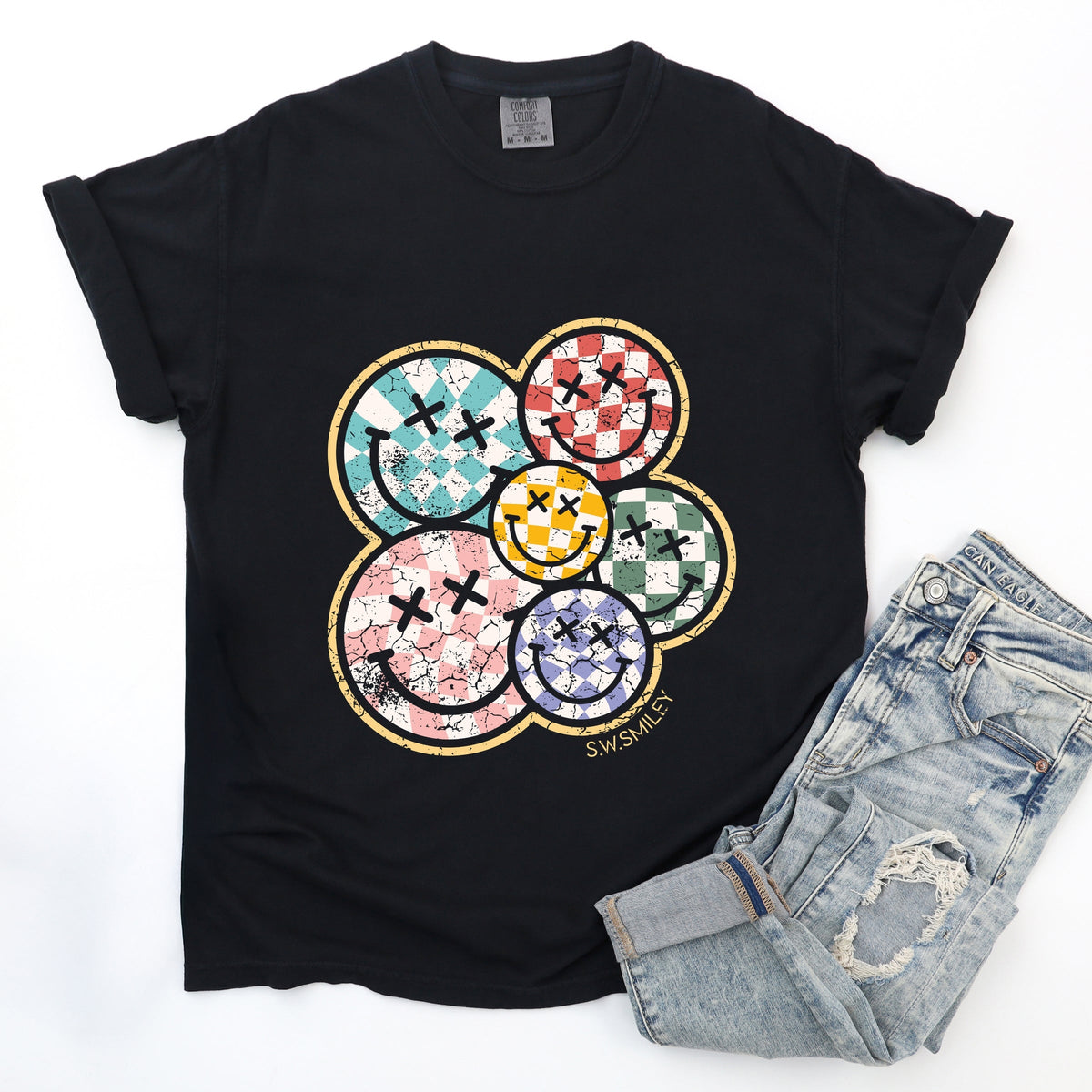 S.W.Smiley Rainbow Checkered - Women's Garment Dyed Tee
