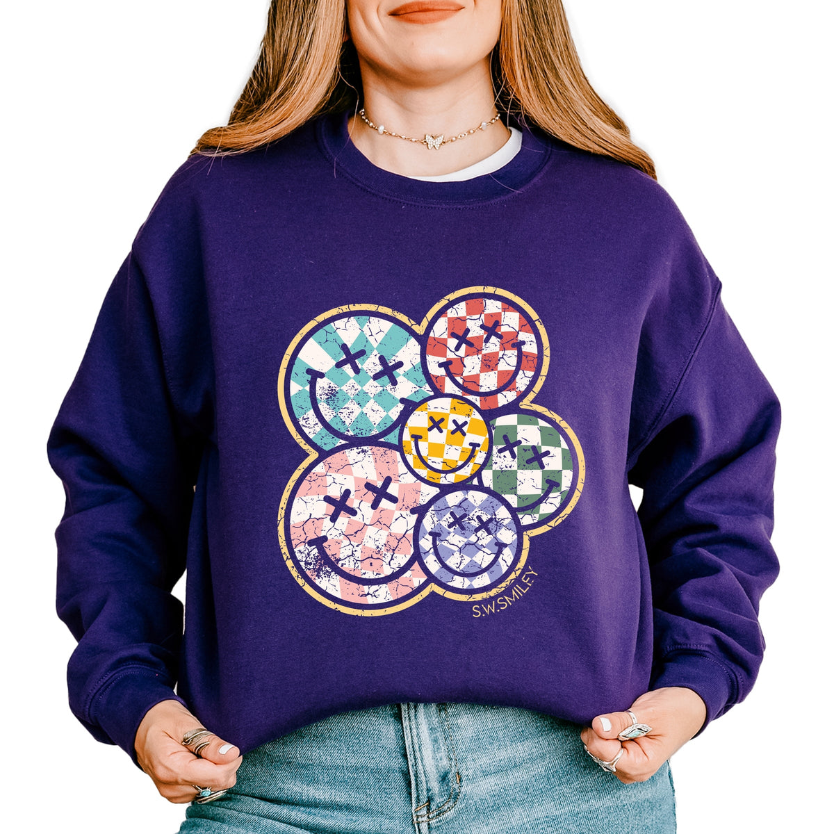 S.W.Smiley Rainbow Checkered - Women's Sweatshirt
