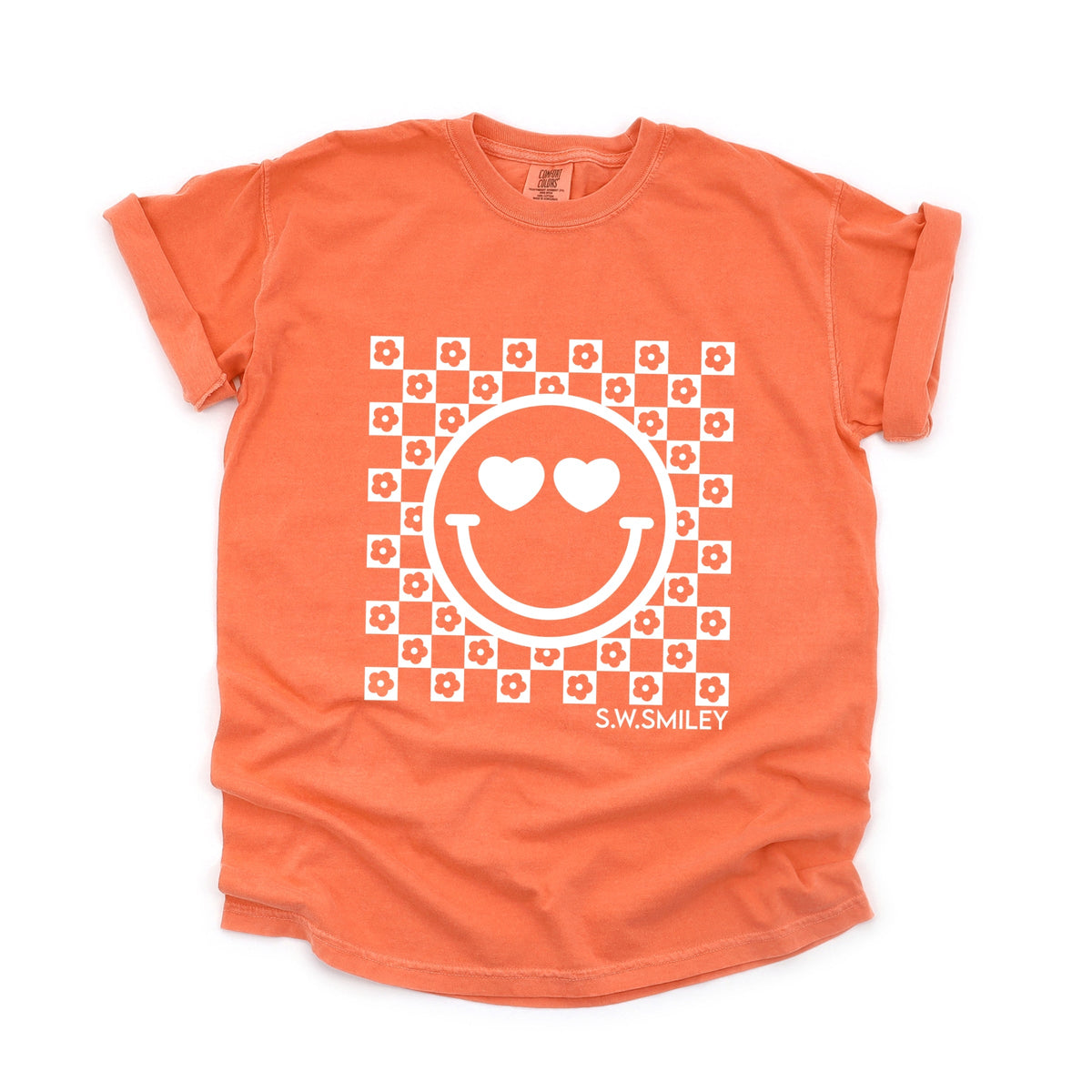 S.W.Smiley Checkered Floral Outline - Women's Garment Dyed Graphic T-Shirt