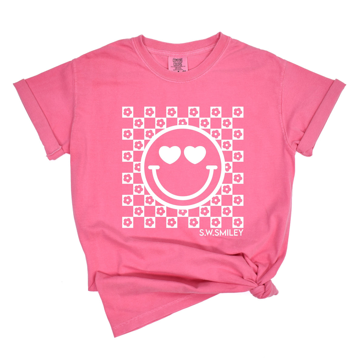 S.W.Smiley Checkered Floral Outline - Women's Garment Dyed Graphic T-Shirt