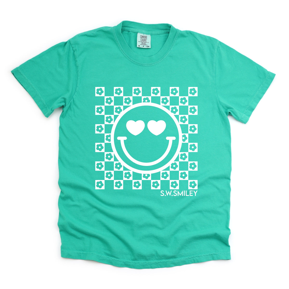 S.W.Smiley Checkered Floral Outline - Women's Garment Dyed Graphic T-Shirt