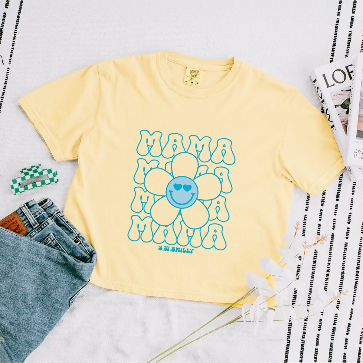 S.W.Smiley Mama Stacked Flower - Women's Boxy Crop Top Graphic T-Shirt