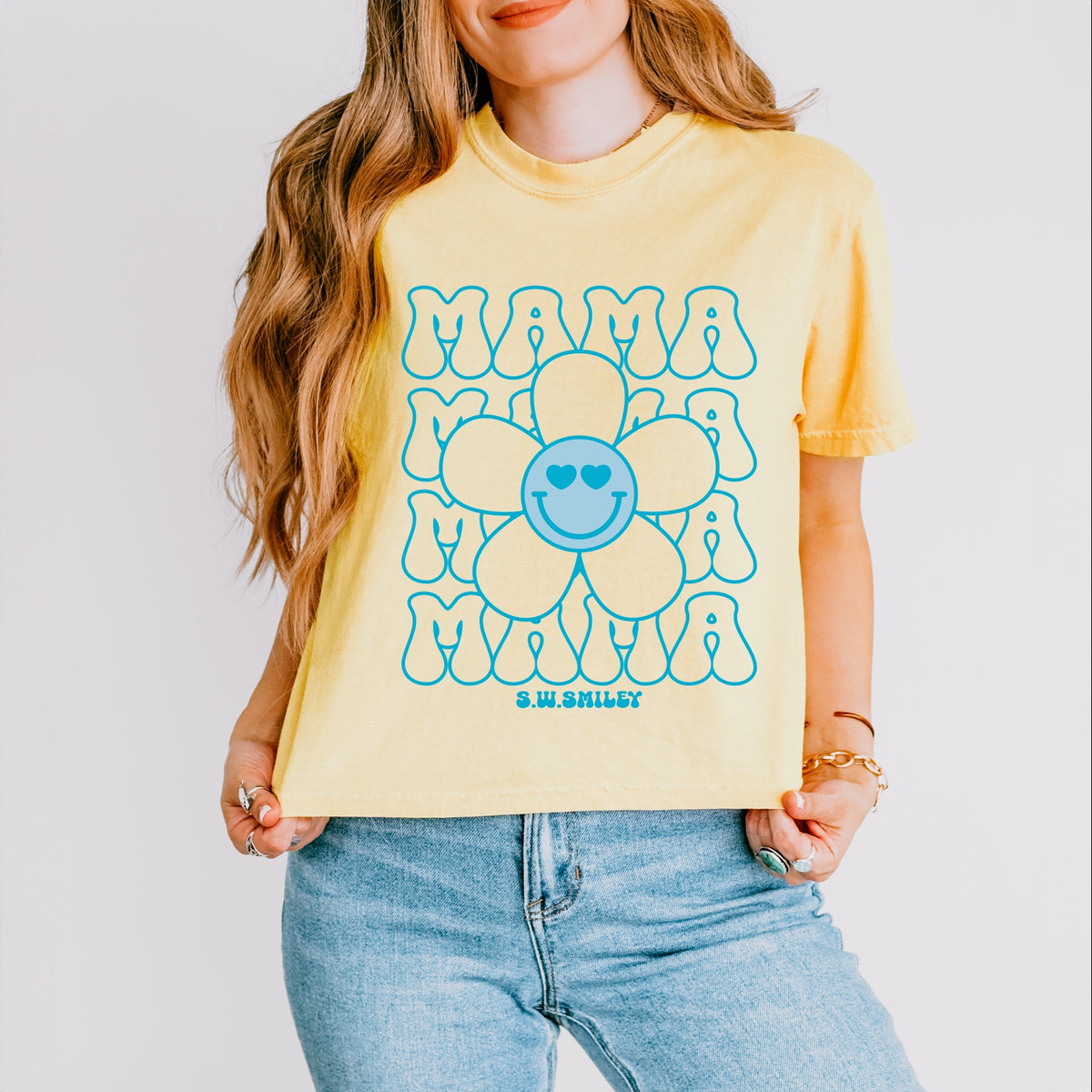 S.W.Smiley Mama Stacked Flower - Women's Boxy Crop Top Graphic T-Shirt