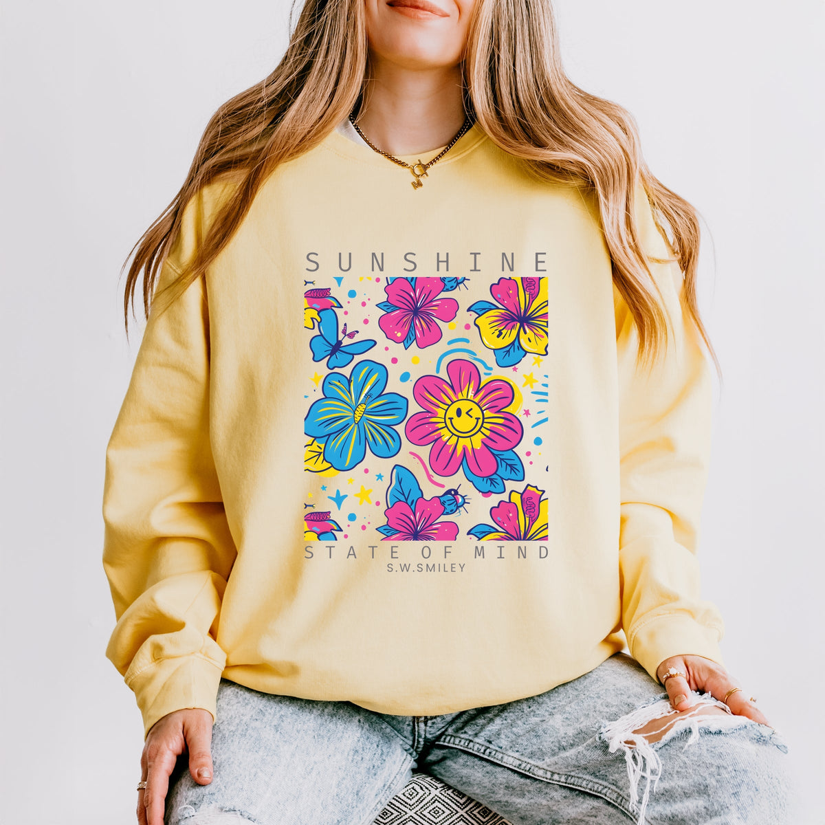 S.W.Smiley Sunshine State of Mind Floral - Women's Lightweight Garment Dyed Sweatshirt
