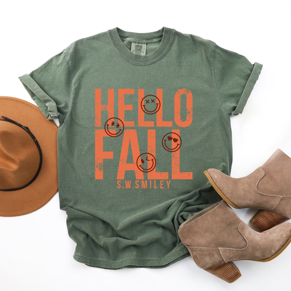 S.W.Smiley Hello Fall - Womens Garment Dyed Graphic T-Shirt