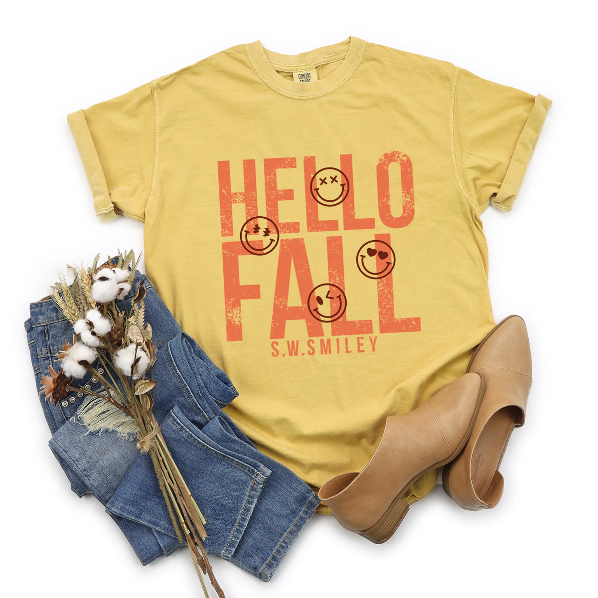 S.W.Smiley Hello Fall - Womens Garment Dyed Graphic T-Shirt