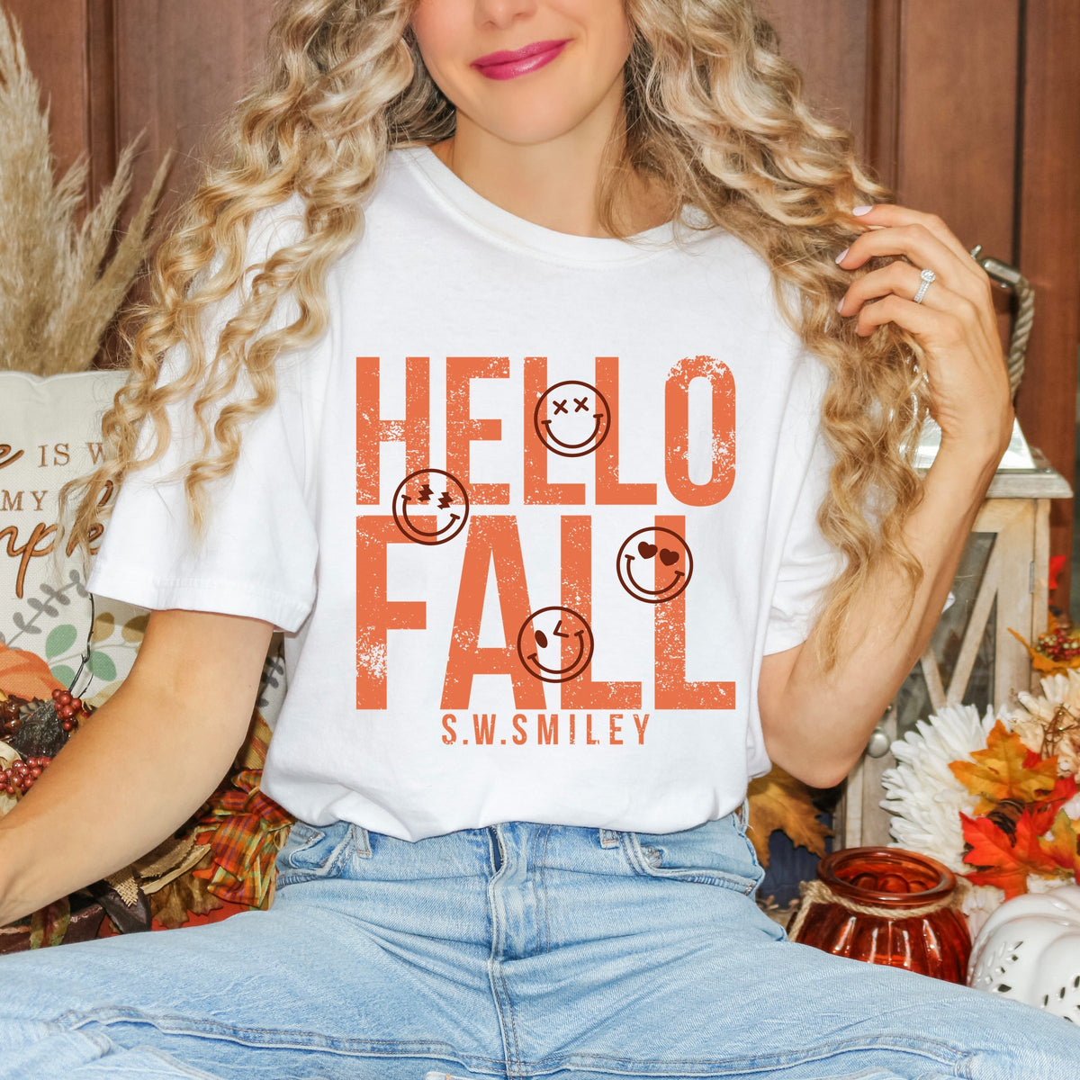 S.W.Smiley Hello Fall - Womens Garment Dyed Graphic T-Shirt