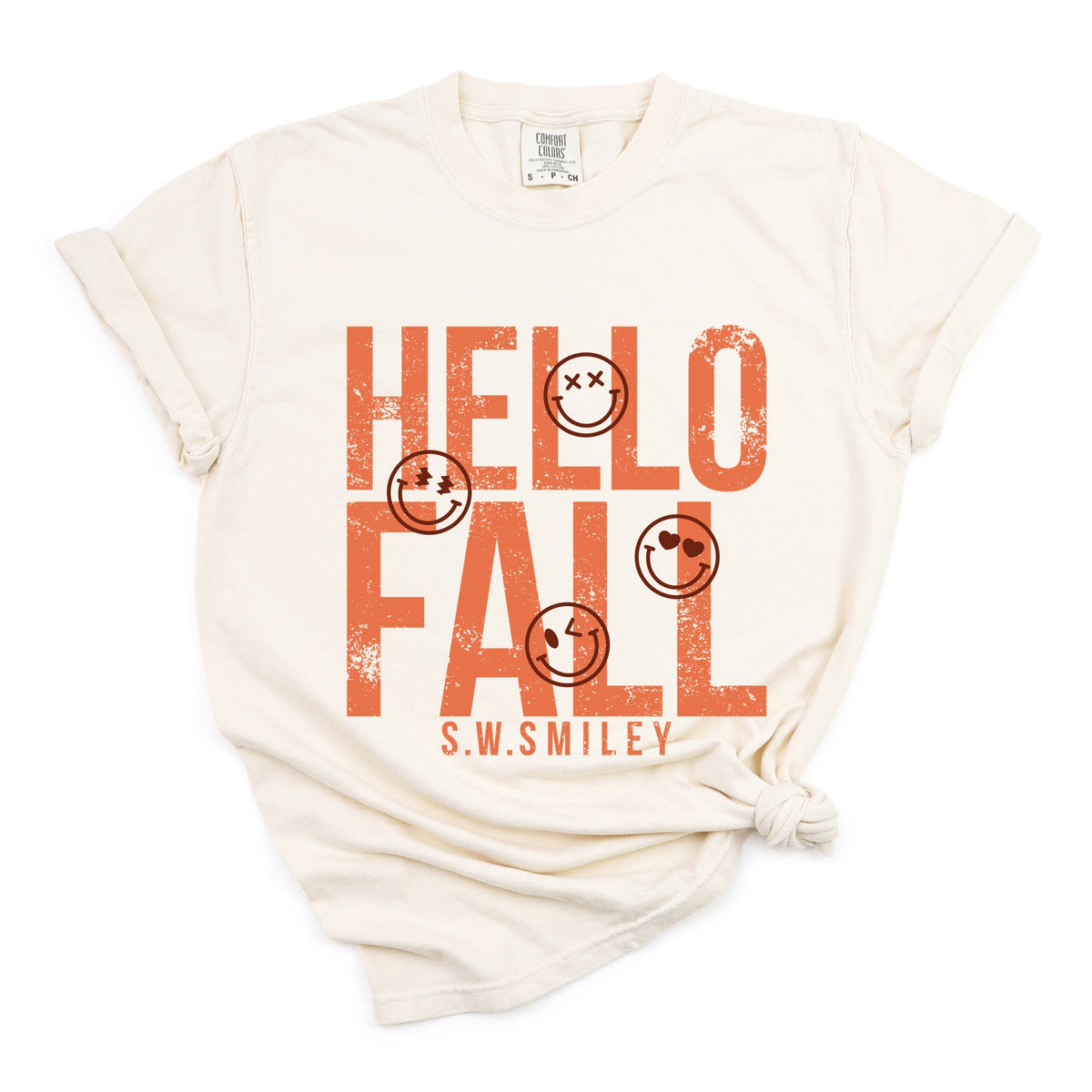 S.W.Smiley Hello Fall - Womens Garment Dyed Graphic T-Shirt