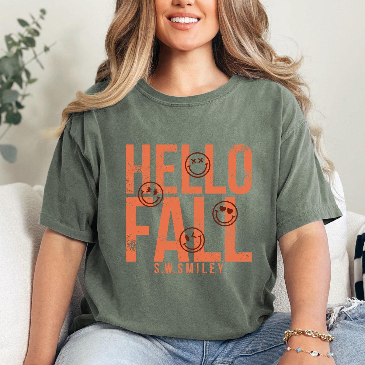S.W.Smiley Hello Fall - Womens Garment Dyed Graphic T-Shirt