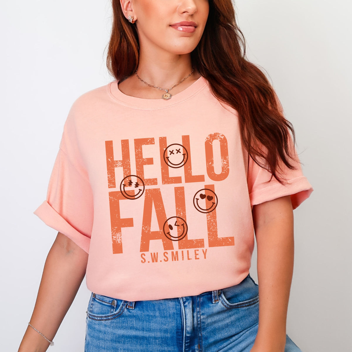 S.W.Smiley Hello Fall - Womens Garment Dyed Graphic T-Shirt