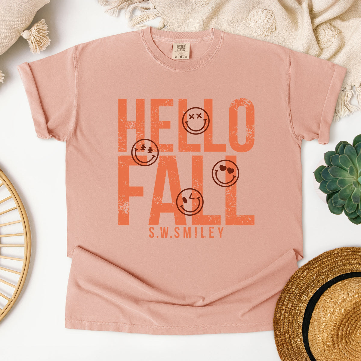 S.W.Smiley Hello Fall - Womens Garment Dyed Graphic T-Shirt