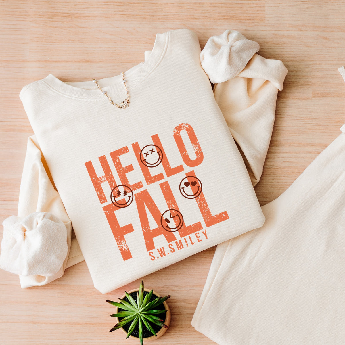 S.W.Smiley Hello Fall - Women's Lightweight Garment Dyed Sweatshirt
