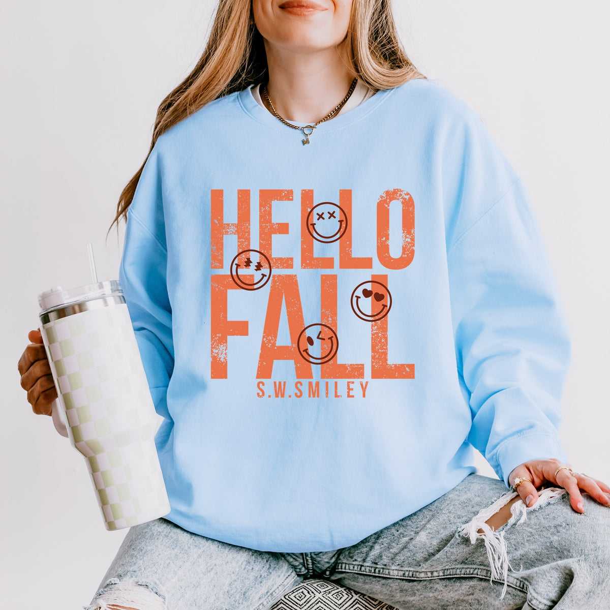 S.W.Smiley Hello Fall - Women's Lightweight Garment Dyed Sweatshirt
