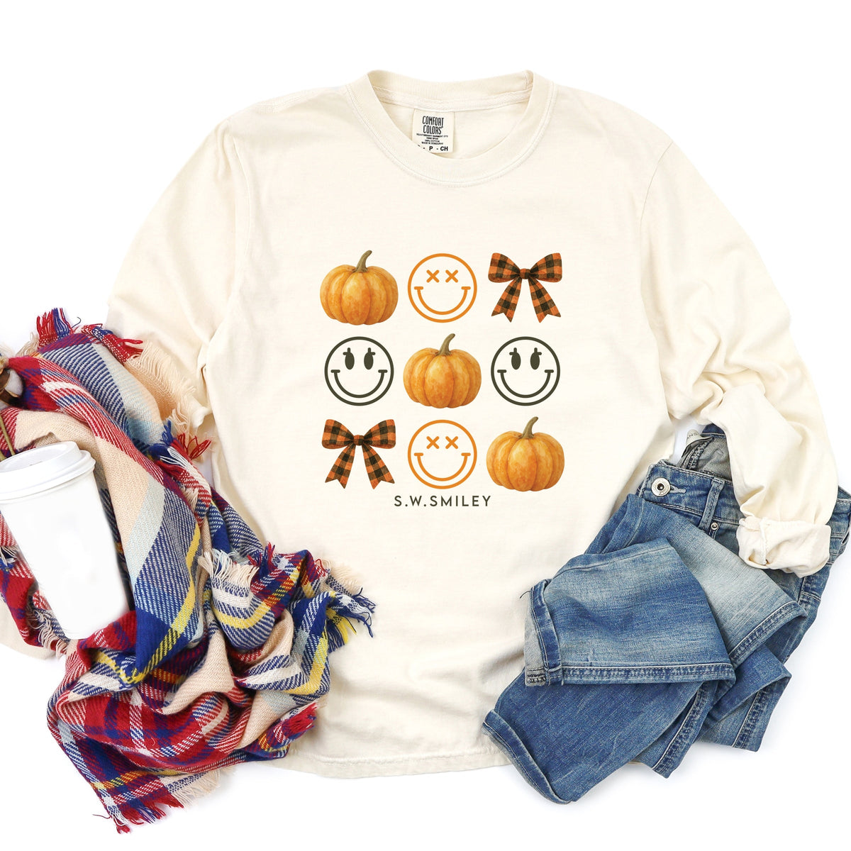 S.W.Smiley Pumpkin Coquette Chart - Women's Garment Dyed Long Sleeve Graphic T-Shirt