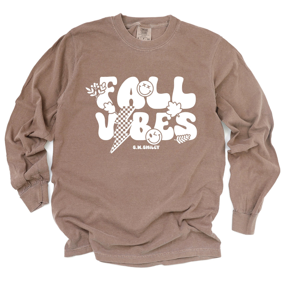 S.W.Smiley Fall Vibes Lightning - Women's Garment Dyed Long Sleeve Graphic T-Shirt