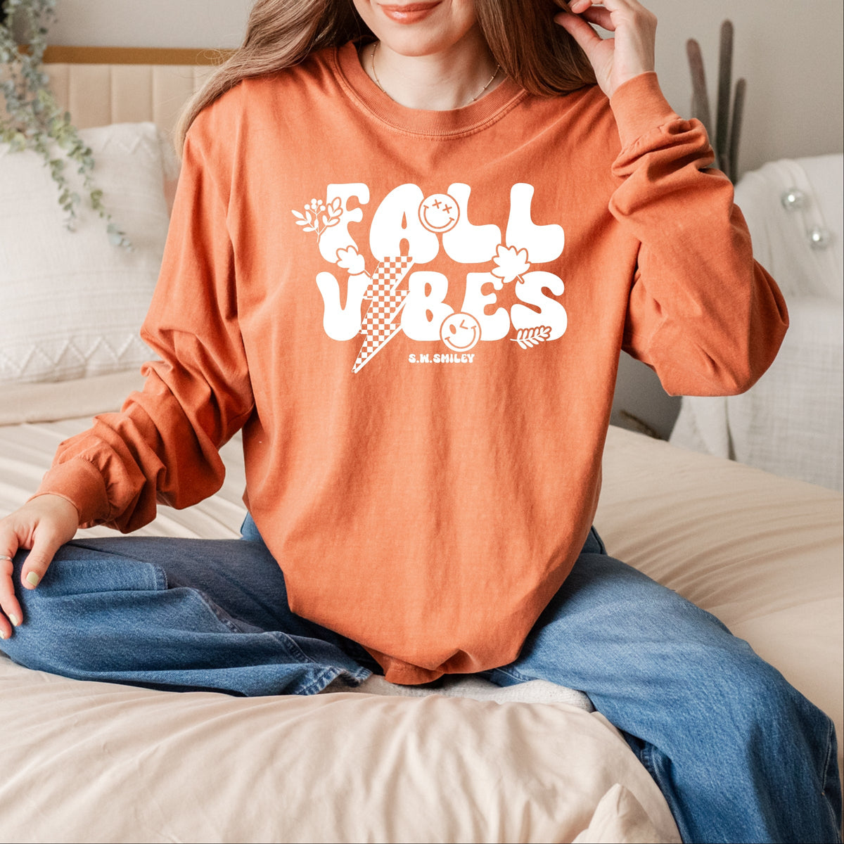 S.W.Smiley Fall Vibes Lightning - Women's Garment Dyed Long Sleeve Graphic T-Shirt