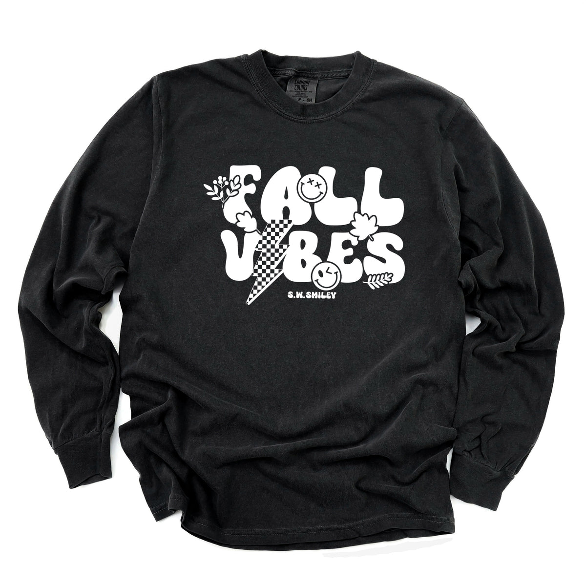 S.W.Smiley Fall Vibes Lightning - Women's Garment Dyed Long Sleeve Graphic T-Shirt
