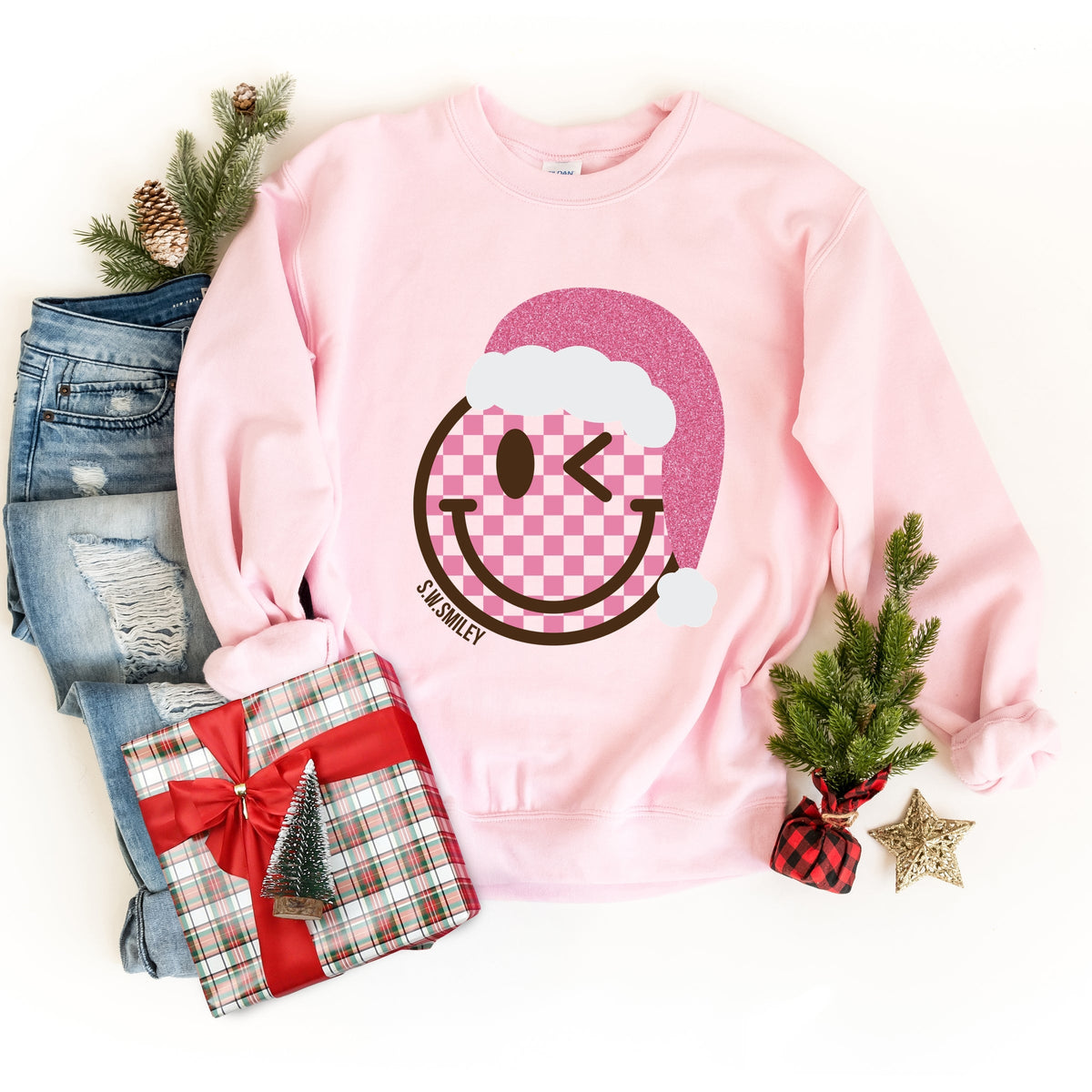 S.W.Smiley Glitter Santa Hat - Women's Graphic Sweatshirt