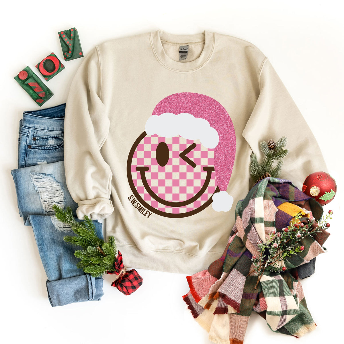 S.W.Smiley Glitter Santa Hat - Women's Graphic Sweatshirt