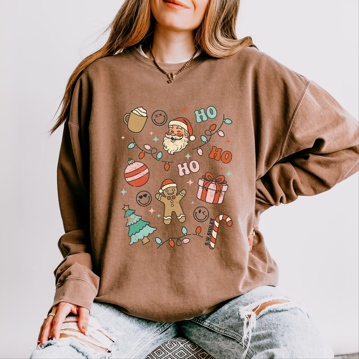 S.W.Smiley Christmas Collage Sparkle - Womens Lightweight Garment Dyed Sweatshirt