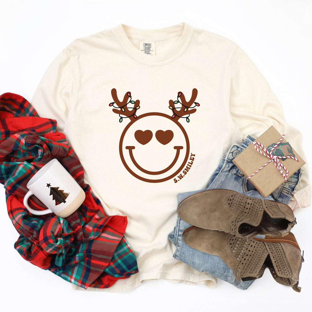 S.W.Smiley Reindeer Lights - Womens Garment Dyed Long Sleeve