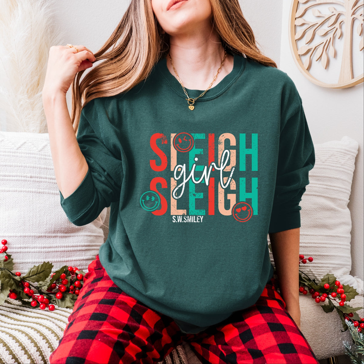 S.W.Smiley Sleigh Girl Sleigh - Womens Garment Dyed Long Sleeve