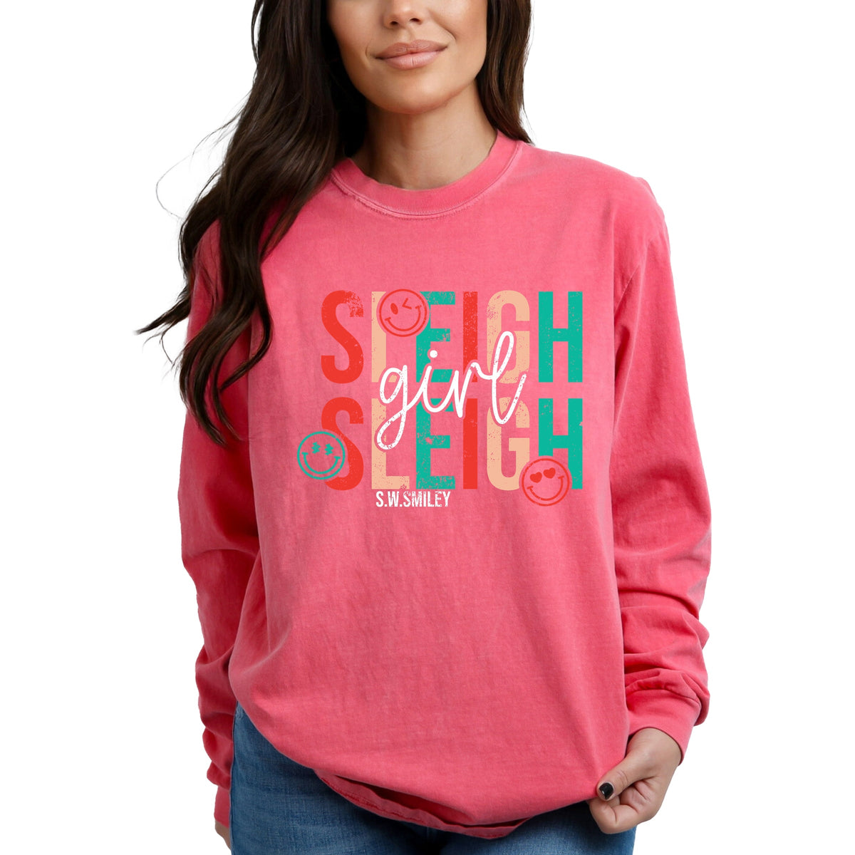 S.W.Smiley Sleigh Girl Sleigh - Womens Garment Dyed Long Sleeve