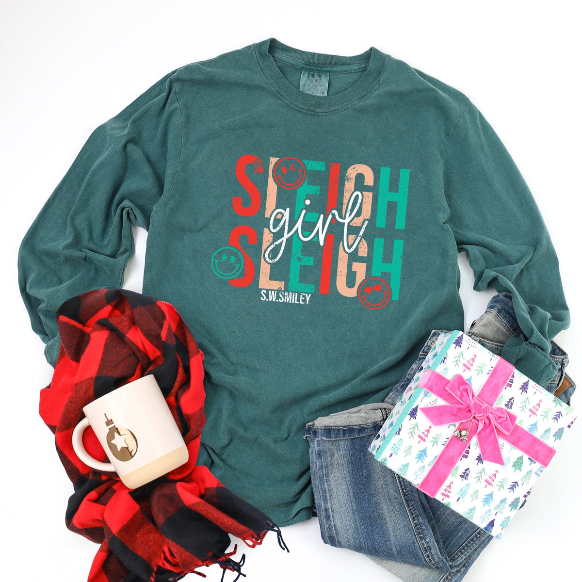 S.W.Smiley Sleigh Girl Sleigh - Womens Garment Dyed Long Sleeve