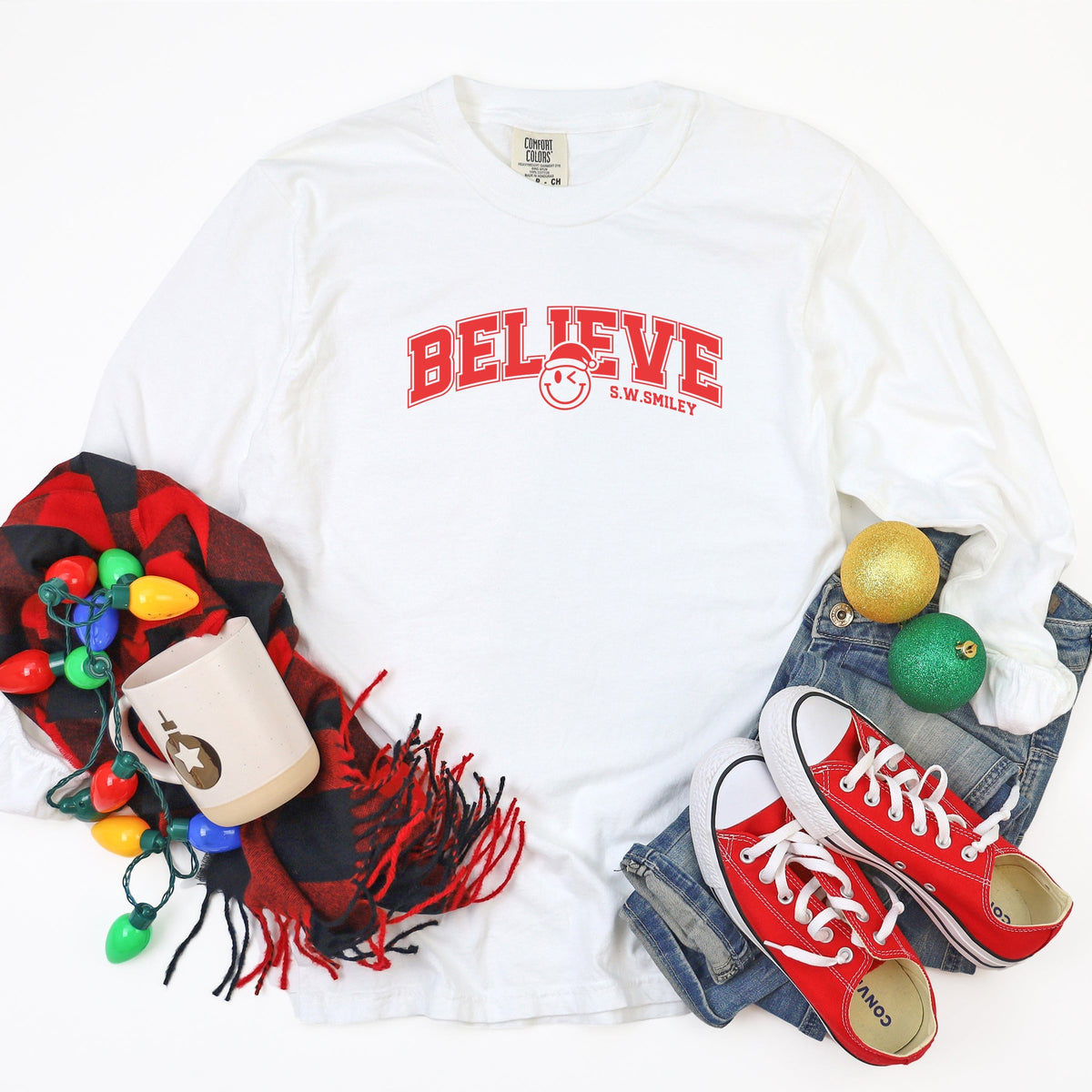 S.W.Smiley Varsity Believe - Womens Garment Dyed Long Sleeve