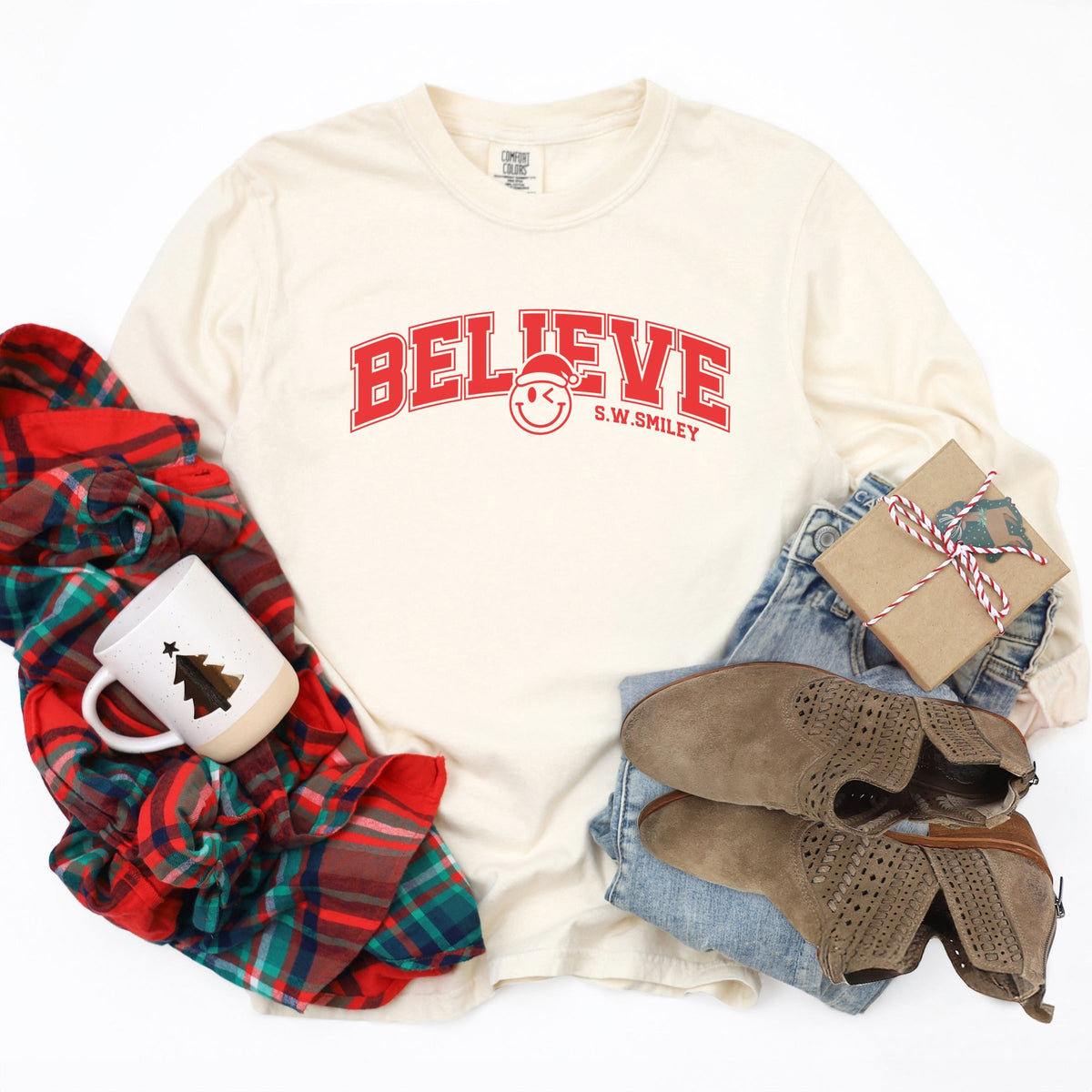 S.W.Smiley Varsity Believe - Womens Garment Dyed Long Sleeve