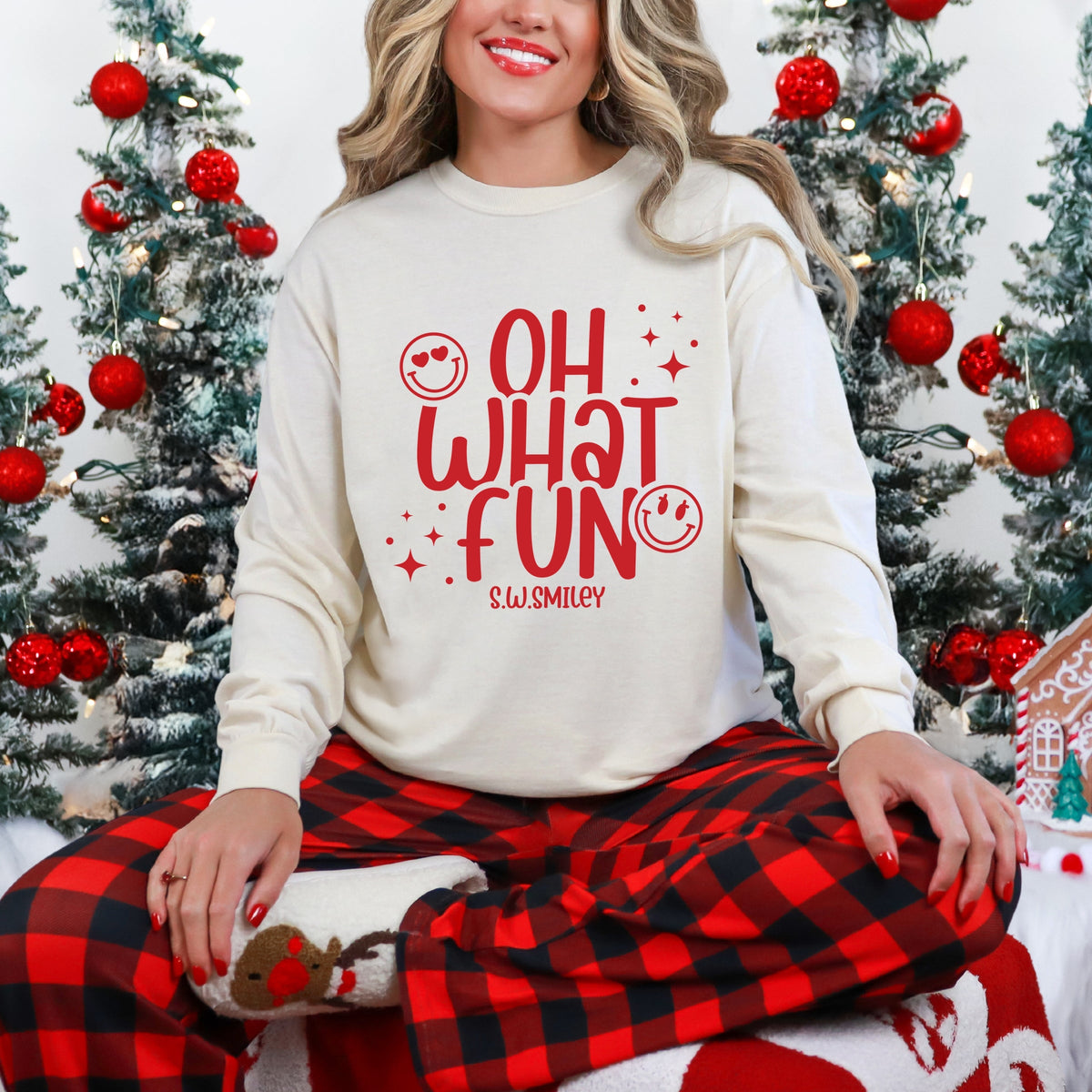 S.W.Smiley Oh What Fun Sparkle - Womens Garment Dyed Long Sleeve