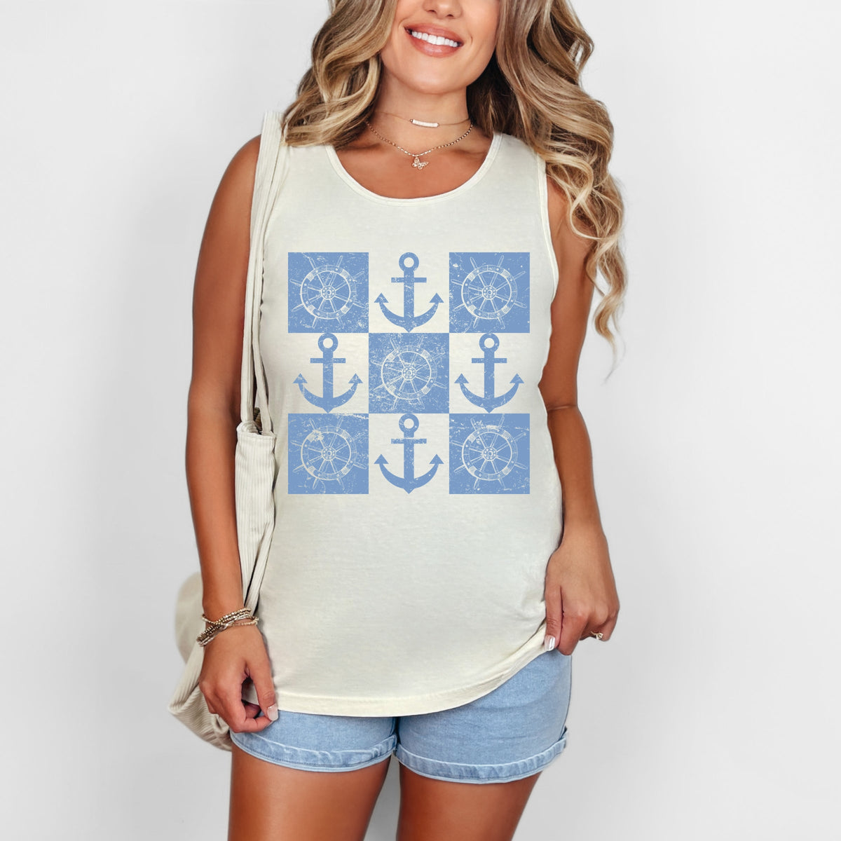 Anchor Wheel Grid - Women's Garment Dyed Tank