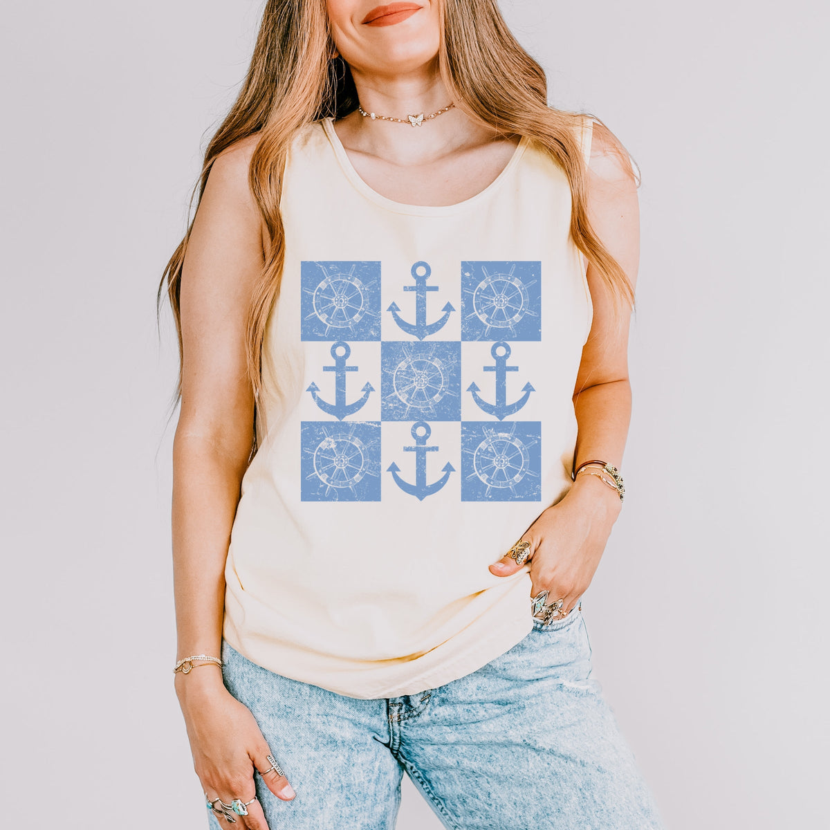 Anchor Wheel Grid - Women's Garment Dyed Tank