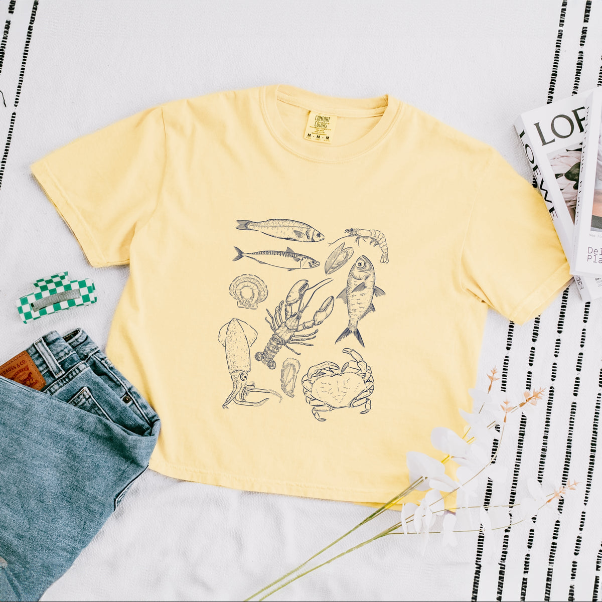 Nautical Creatures Sketched - Women's Boxy Crop Top Graphic T-Shirt