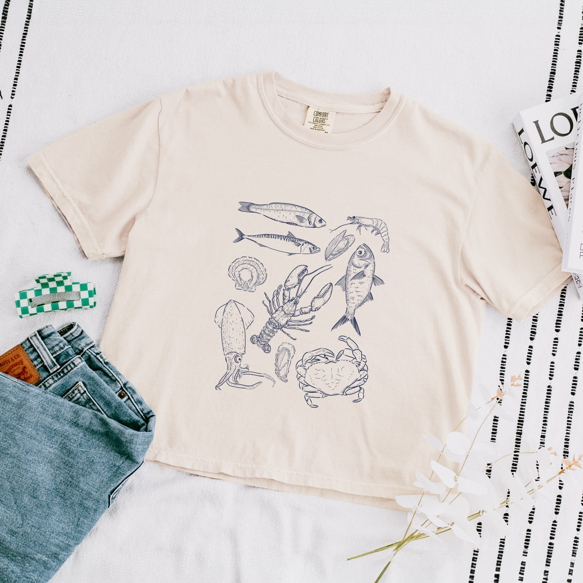 Nautical Creatures Sketched - Women's Boxy Crop Top Graphic T-Shirt